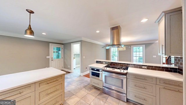 1477 Triple Creek Ct NW, Kennesaw, GA 30144 - kitchen with island exhaust hood, stainless steel appliances, crown molding, backsplash, and light countertops