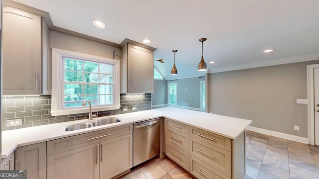 1477 Triple Creek Ct NW, Kennesaw, GA 30144 - kitchen featuring stainless steel dishwasher, a sink, ornamental molding, a peninsula, and backsplash