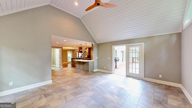 1477 Triple Creek Ct NW, Kennesaw, GA 30144 - unfurnished living room featuring a ceiling fan, baseboards, high vaulted ceiling, wooden ceiling, and recessed lighting