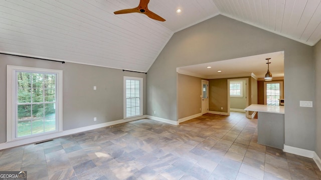 1477 Triple Creek Ct NW, Kennesaw, GA 30144 - spare room featuring baseboards, ceiling fan, recessed lighting, high vaulted ceiling, and stone finish floors