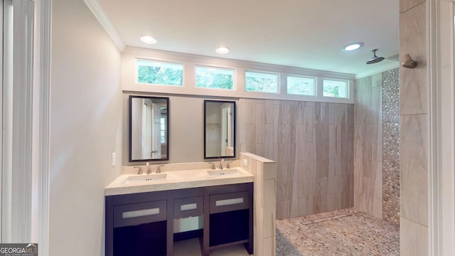 1477 Triple Creek Ct NW, Kennesaw, GA 30144 - bathroom featuring ornamental molding, double vanity, and a walk in shower