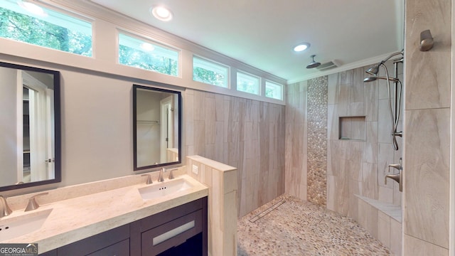 1477 Triple Creek Ct NW, Kennesaw, GA 30144 - bathroom featuring double vanity, a tile shower, and recessed lighting