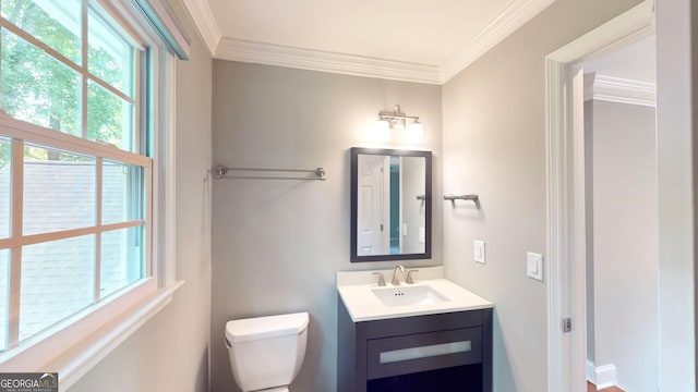 1477 Triple Creek Ct NW, Kennesaw, GA 30144 - half bath with toilet, ornamental molding, vanity, and plenty of natural light