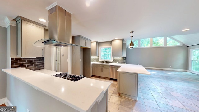 1477 Triple Creek Ct NW, Kennesaw, GA 30144 - kitchen with island exhaust hood, a peninsula, a sink, stainless steel dishwasher, and tasteful backsplash