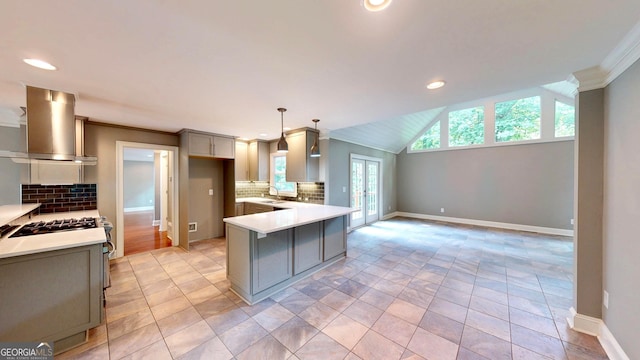 1477 Triple Creek Ct NW, Kennesaw, GA 30144 - kitchen with wall chimney exhaust hood, gray cabinets, tasteful backsplash, baseboards, and recessed lighting