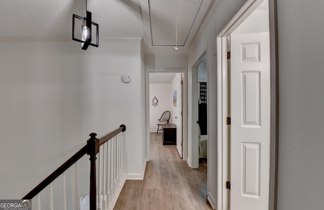 248 Riverview Trl, Roswell, GA 30075 - hall with attic access, light wood finished floors, crown molding, and baseboards