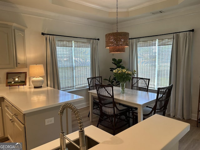 109 Berkley Cir, Warner Robins, GA 31093 - dining area with dark wood finished floors, a raised ceiling, ornamental molding, and baseboards