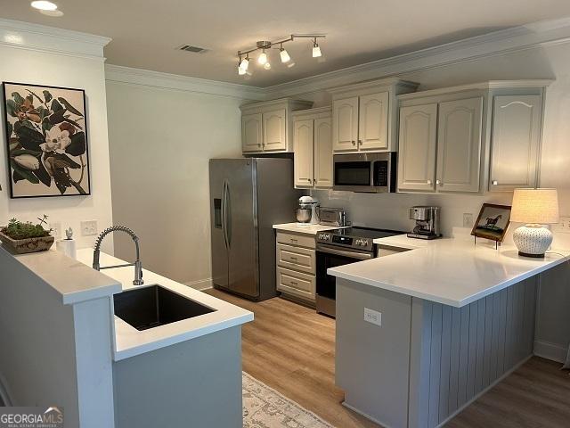 109 Berkley Cir, Warner Robins, GA 31093 - kitchen featuring appliances with stainless steel finishes, a peninsula, a sink, crown molding, and light wood-style flooring