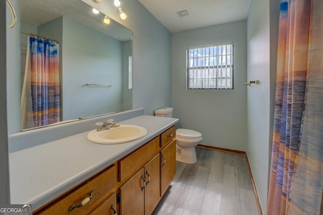 2809 S Ola Rd, Locust Grove, GA 30248 - bathroom featuring wood finished floors, vanity, toilet, baseboards, and curtained shower