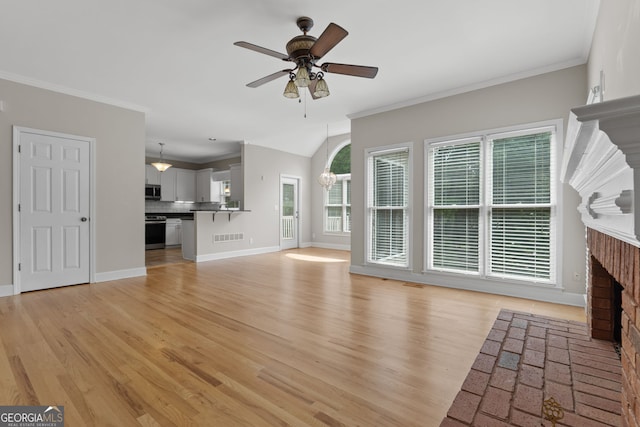 3642 Fowler Rdg, Douglasville, GA 30135 - unfurnished living room featuring a fireplace, ceiling fan, light wood-style flooring, baseboards, and ornamental molding
