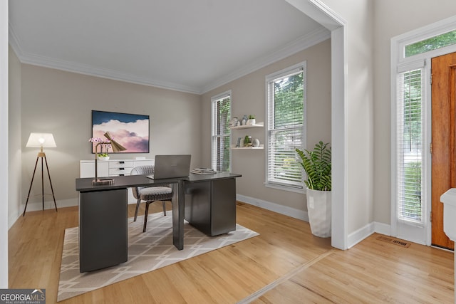 3642 Fowler Rdg, Douglasville, GA 30135 - office with light wood-style floors, ornamental molding, healthy amount of natural light, and baseboards
