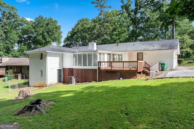 3210 Roseheath Ln, Lithonia, GA 30038 - rear view of property featuring brick siding, a sunroom, a wooden deck, and cooling unit