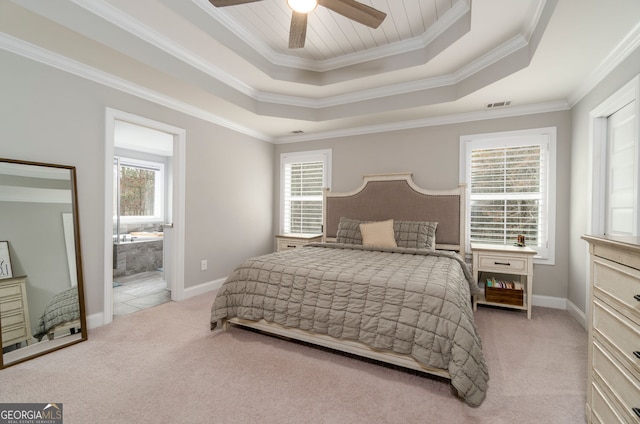 15 Jamilee Cv, Cartersville, GA 30120 - carpeted bedroom with a raised ceiling, crown molding, baseboards, ensuite bath, and ceiling fan