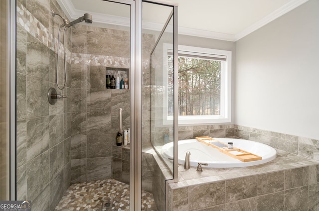 15 Jamilee Cv, Cartersville, GA 30120 - bathroom with a garden tub, crown molding, and a stall shower