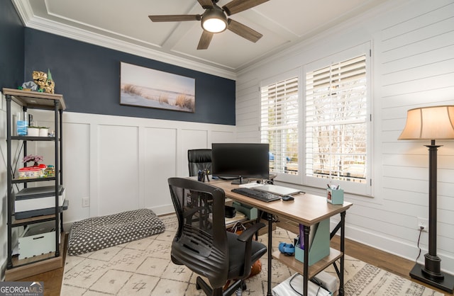 15 Jamilee Cv, Cartersville, GA 30120 - office with a ceiling fan, a decorative wall, crown molding, and wood finished floors