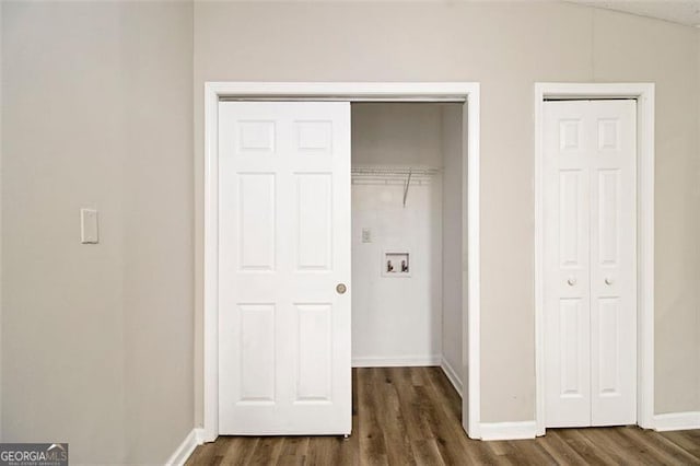 2641 Clifton Springs Rd, Decatur, GA 30034 - washroom with dark wood-style flooring, washer hookup, and baseboards