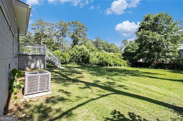 2641 Clifton Springs Rd, Decatur, GA 30034 - view of grassy yard featuring central AC, stairs, and view of scattered trees