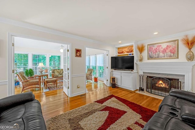 222 Mossy Pl, Alpharetta, GA 30005 - living area with crown molding, light wood-type flooring, healthy amount of natural light, and a fireplace with flush hearth