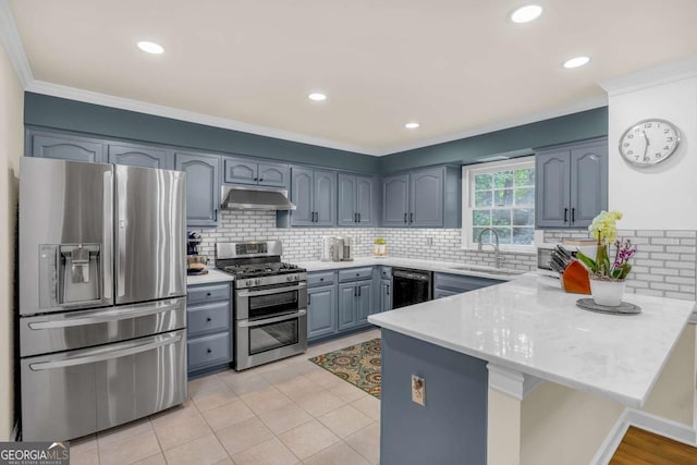 222 Mossy Pl, Alpharetta, GA 30005 - kitchen featuring stainless steel appliances, a sink, a peninsula, under cabinet range hood, and decorative backsplash
