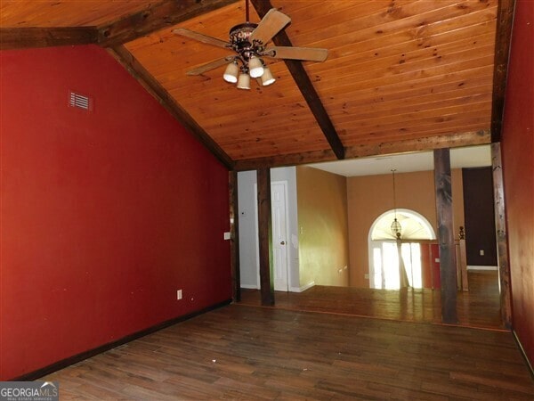 1306 Stonemont Rd, Auburn, GA 30011 - unfurnished room with ceiling fan, wooden ceiling, wood finished floors, and baseboards