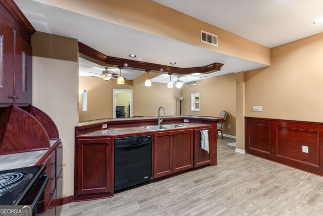 212 Postell Rd, Dallas, GA 30157 - kitchen featuring black appliances, ceiling fan, light wood-type flooring, a peninsula, and recessed lighting