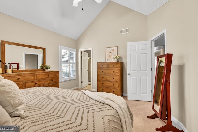 4174 Chatham Crest Ln, Buford, GA 30518 - bedroom featuring high vaulted ceiling, baseboards, light carpet, and a ceiling fan