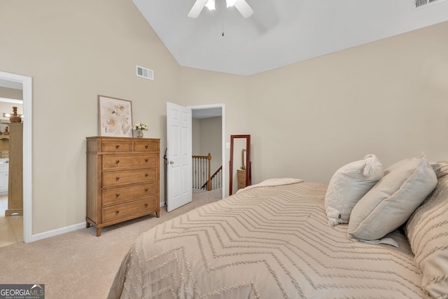4174 Chatham Crest Ln, Buford, GA 30518 - bedroom featuring light colored carpet, baseboards, high vaulted ceiling, and ceiling fan
