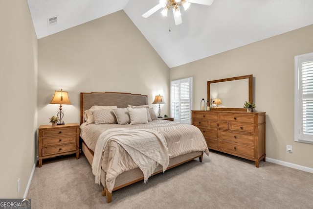 4174 Chatham Crest Ln, Buford, GA 30518 - bedroom featuring high vaulted ceiling, carpet, baseboards, and ceiling fan
