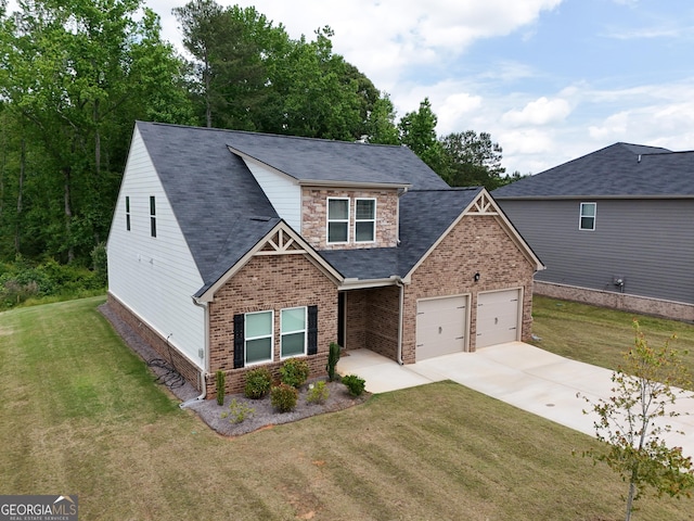 1225 Hibiscus Way, Mcdonough, GA 30253 - craftsman inspired home with concrete driveway, a front yard, brick siding, a garage, and a shingled roof