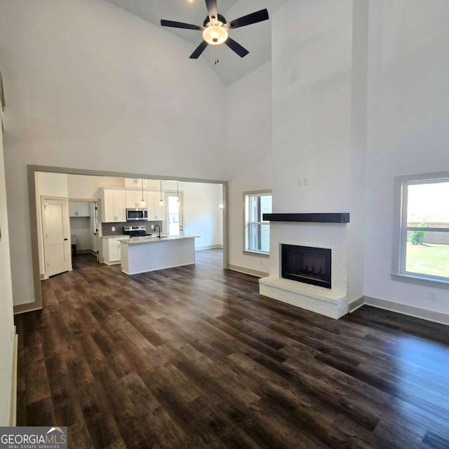 297 Ayers Creek Dr, Toccoa, GA 30577 - living area featuring high vaulted ceiling, dark wood-style floors, and a fireplace