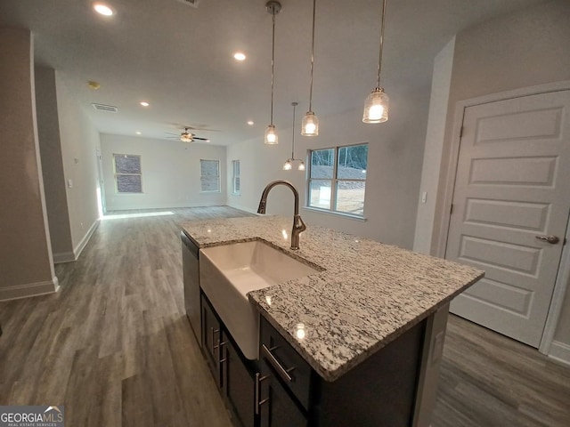 285 Magnolia Villas Dr, Cornelia, GA 30531 - kitchen with a sink, dark wood-style floors, a ceiling fan, baseboards, and recessed lighting