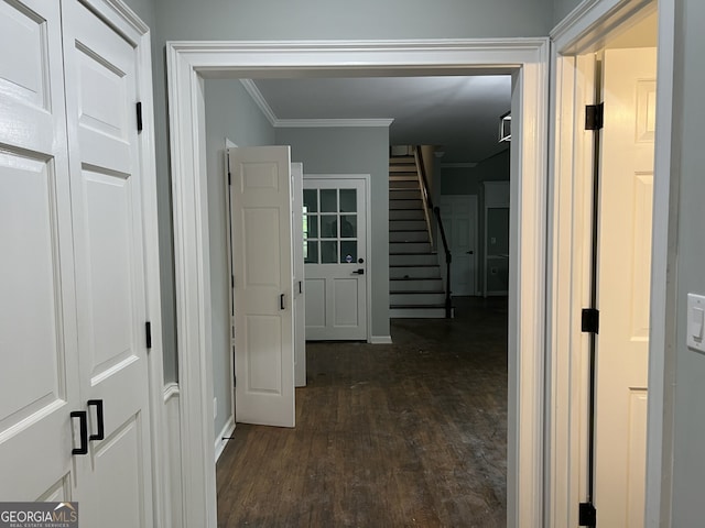 730 Redlion Run, Alpharetta, GA 30022 - hall with dark wood-style flooring, crown molding, stairs, and baseboards