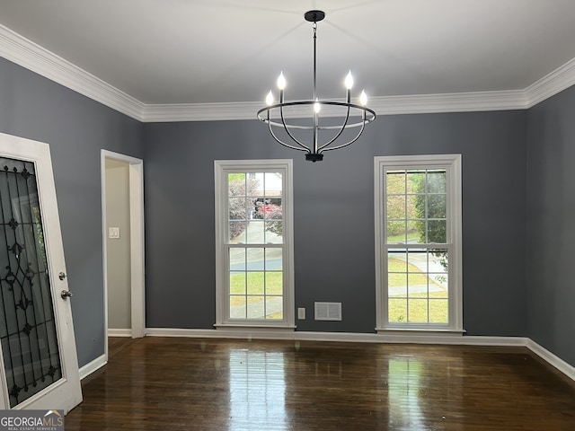 730 Redlion Run, Alpharetta, GA 30022 - unfurnished dining area with a chandelier, wood finished floors, baseboards, and ornamental molding