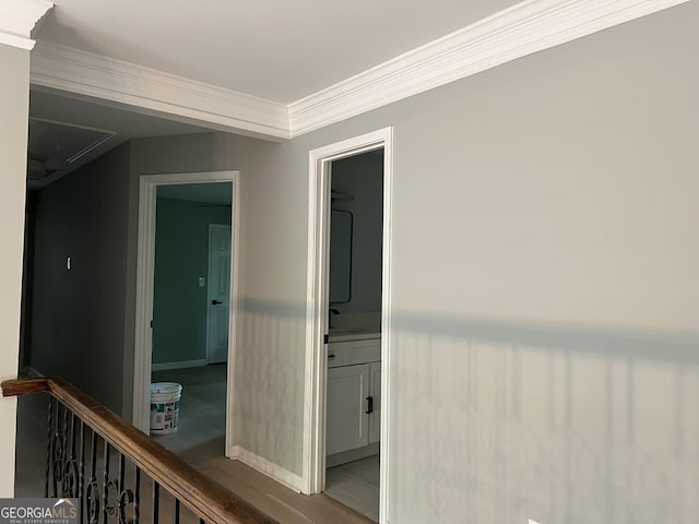 730 Redlion Run, Alpharetta, GA 30022 - hallway with attic access, ornamental molding, wood finished floors, and baseboards
