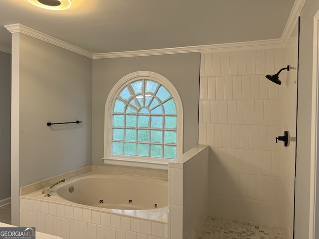 730 Redlion Run, Alpharetta, GA 30022 - bathroom featuring a whirlpool tub, tiled shower, and ornamental molding