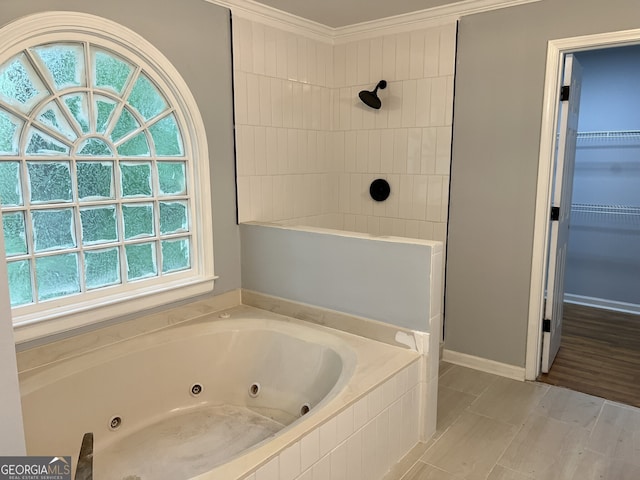 730 Redlion Run, Alpharetta, GA 30022 - bathroom featuring a tub with jets, tiled shower, and crown molding