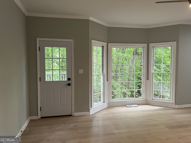 730 Redlion Run, Alpharetta, GA 30022 - doorway to outside featuring baseboards, crown molding, light wood-type flooring, and healthy amount of natural light