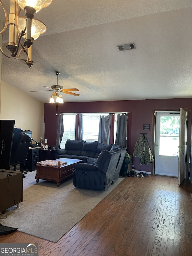 102 Driftwood Ct, Kingsland, GA 31548 - living area with hardwood / wood-style flooring, a desk, ceiling fan, a textured ceiling, and a chandelier