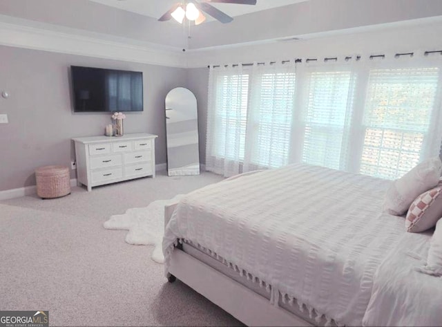 779 Avonley Creek Trce, Buford, GA 30518 - bedroom featuring arched walkways, light colored carpet, and ceiling fan