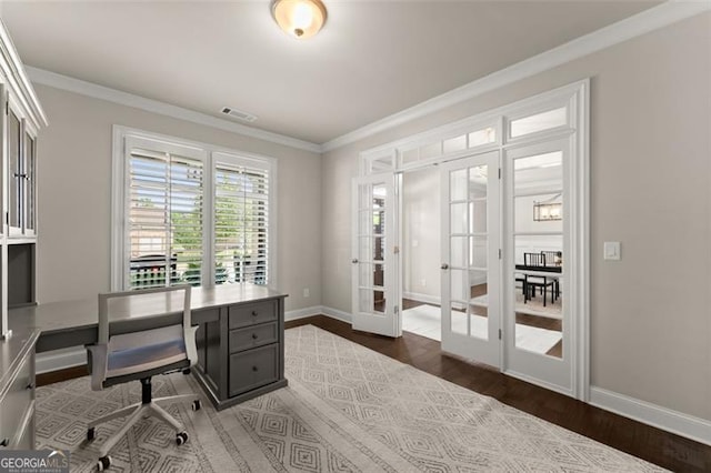 3317 Sweetleaf Ln, Buford, GA 30519 - office featuring french doors, wood finished floors, baseboards, and crown molding