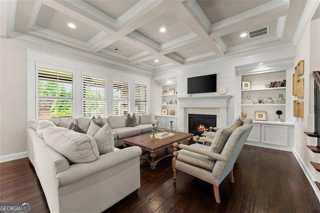 3317 Sweetleaf Ln, Buford, GA 30519 - living room featuring a warm lit fireplace, dark wood-type flooring, baseboards, beam ceiling, and coffered ceiling