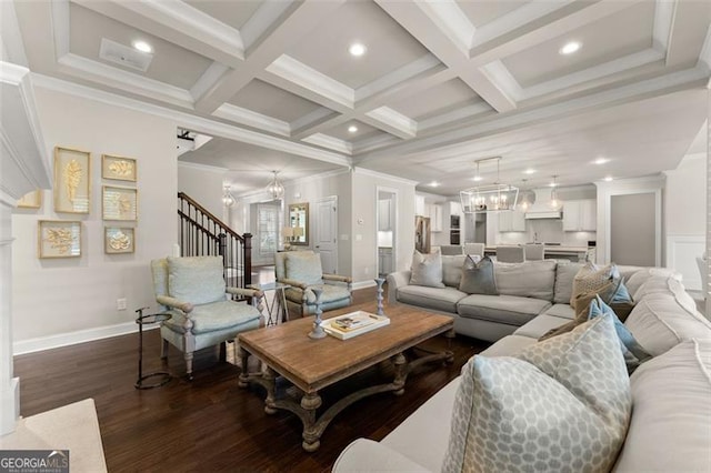 3317 Sweetleaf Ln, Buford, GA 30519 - living area featuring stairway, dark wood-style flooring, crown molding, beamed ceiling, and coffered ceiling