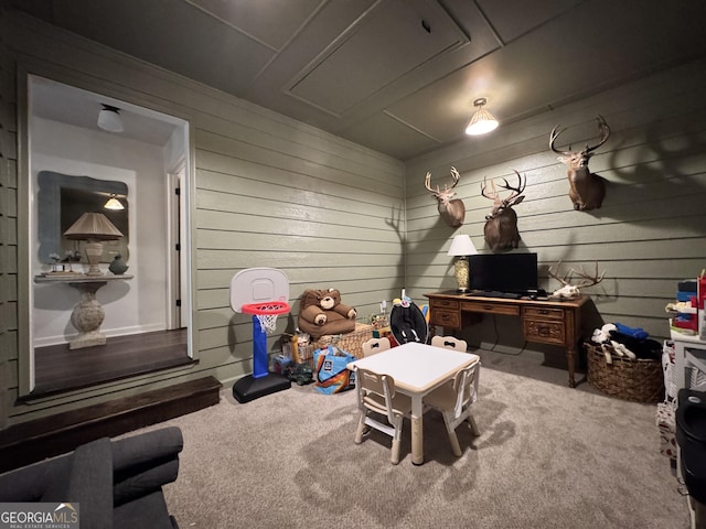 353 Lewis Cir, Commerce, GA 30529 - recreation room with carpet flooring and wood walls