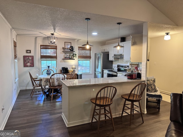 353 Lewis Cir, Commerce, GA 30529 - kitchen featuring stainless steel appliances, under cabinet range hood, a peninsula, dark wood-style flooring, and white cabinetry