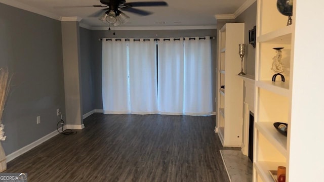 2119 Pine Heights Dr NE, Atlanta, GA 30324 - unfurnished room featuring ceiling fan, dark wood finished floors, ornamental molding, and baseboards