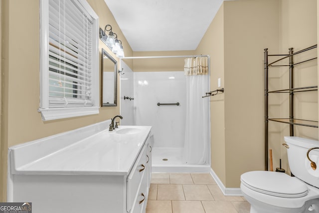 4911 Old Douglasville Rd, Lithia Springs, GA 30122 - bathroom with toilet, vanity, a stall shower, and tile patterned floors