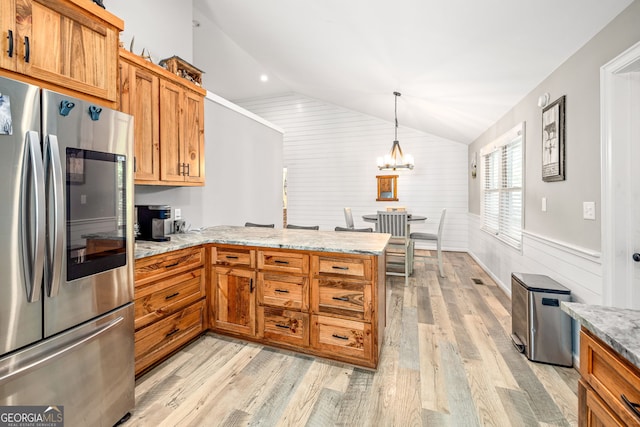 751 Hawkins Rd, Homer, GA 30547 - kitchen with smart refrigerator, a peninsula, lofted ceiling, light wood-style floors, and a chandelier