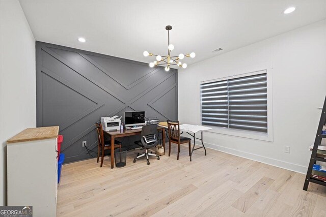 29 Cedar Blf, Winder, GA 30680 - office area featuring wood finished floors, a chandelier, recessed lighting, and a decorative wall