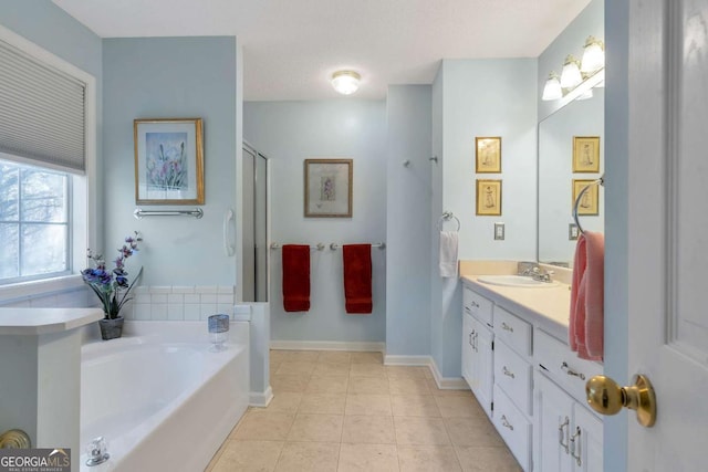 239 Taylors Farm Dr, Canton, GA 30115 - full bathroom featuring a garden tub, vanity, tile patterned floors, an enclosed shower, and baseboards