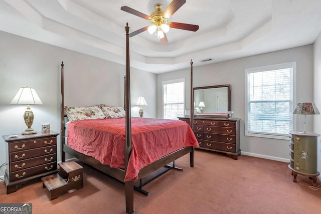 239 Taylors Farm Dr, Canton, GA 30115 - carpeted bedroom featuring a tray ceiling, baseboards, and a ceiling fan